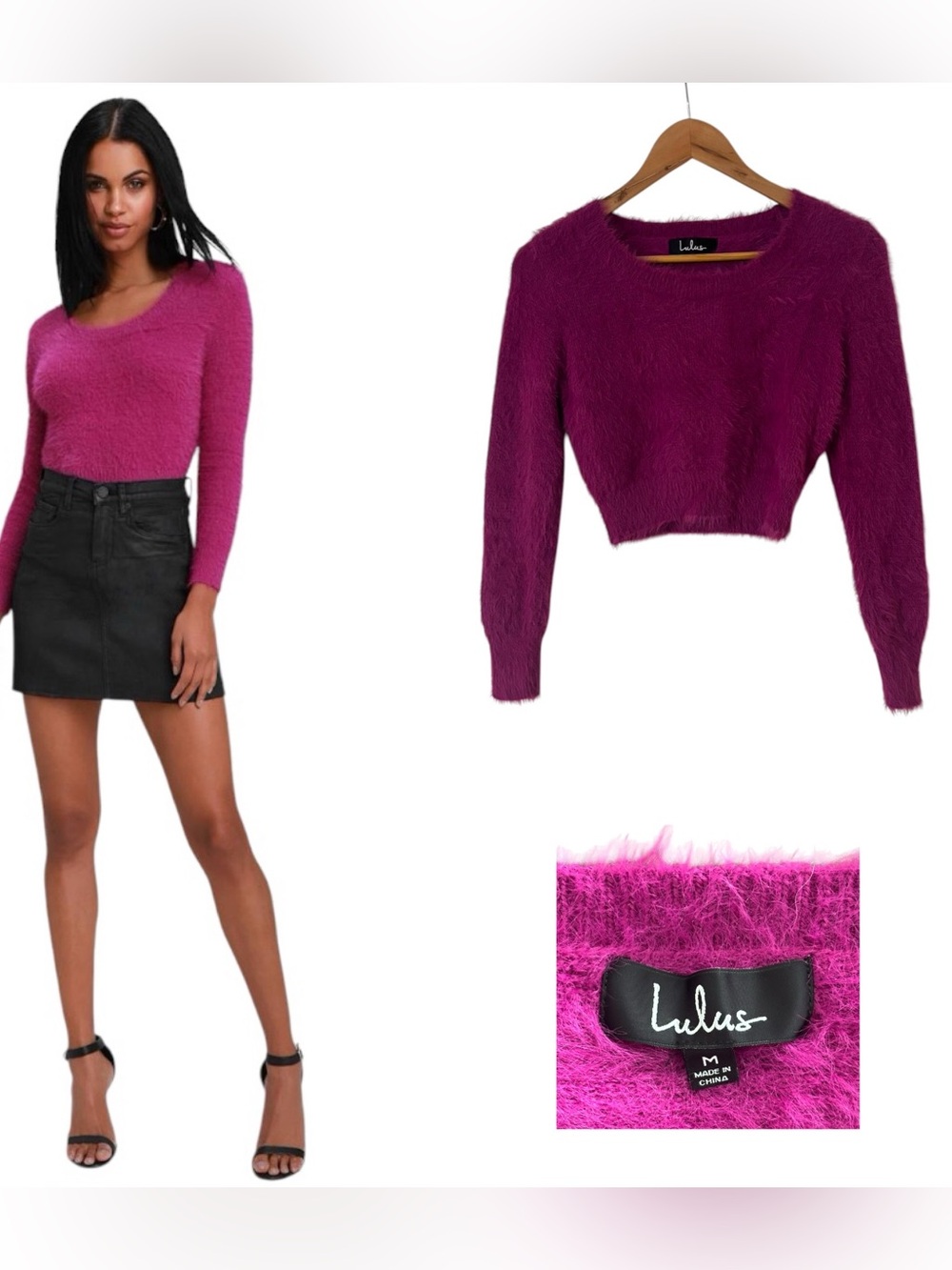 Lulu’s Heartwarming Magenta Purple Fuzzy Cropped Sweater - Picture 1 of 4